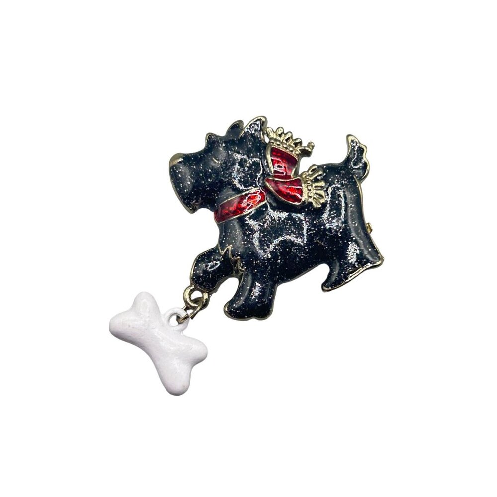 Vintage Enamel Scottie Scottish Terrier Dog Bone Brooch Pin Black Enamel Red Bow